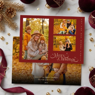 Cartão De Festividades Família Vermelha Quente Mínima Quatro Fotos Feliz