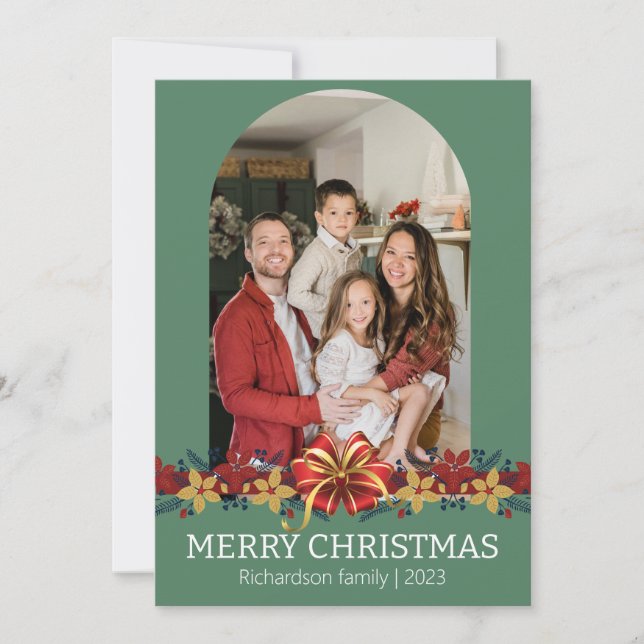Cartão De Festividades Familiar de Natal com Flores Simples e Elegantes (Frente)