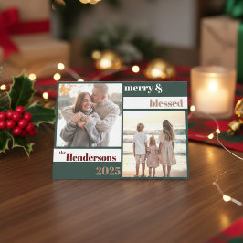 Cartão De Festividades Familiar Natal Foto Verde Alegre Feliz e Abencoado