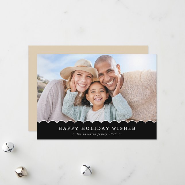 Cartão De Festividades FAMILY CHRISTMAS PHOTO cute fun scallop black gold (Frente/Verso In Situ)