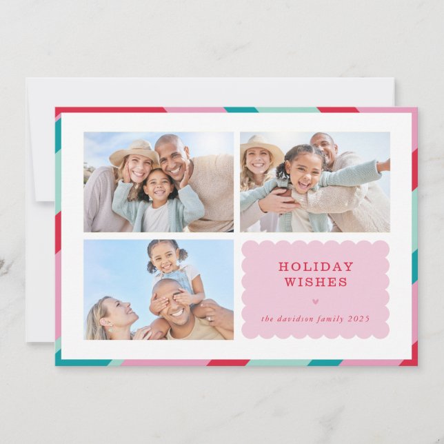 Cartão De Festividades FAMILY MULTI PHOTO modern cute border pink red (Frente)