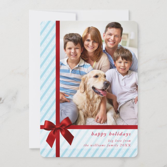 Cartão De Festividades FAMILY PHOTO cute wrapped up red ribbon bow blue (Frente)