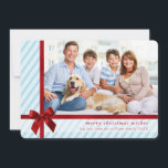 Cartão De Festividades FAMILY PHOTO cute wrapped up red ribbon bow blue<br><div class="desc">by kat massard >>> WWW.SIMPLYSWEETPAPERIE.COM <<< A super simple, yet cute card design featuring a realistic looking red ribbon with bow, aloowing for a large photo on the front and backside if you wish or handwrite a personal message. NOTE >> Contact me kat@simplysweetpaperie.com if you need help to resize your...</div>