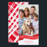 Cartão De Festividades FAMILY PHOTO merry everything ribbon red<br><div class="desc">by kat massard >>> WWW.SIMPLYSWEETPAPERIE.COM <<<
An elegant card design featuring the quote "MERRY EVERYTHING" on cute ribbon banner,  and cross hatch pattern on the backside. With spaces for your favourite photo in tall skinny DL format!</div>