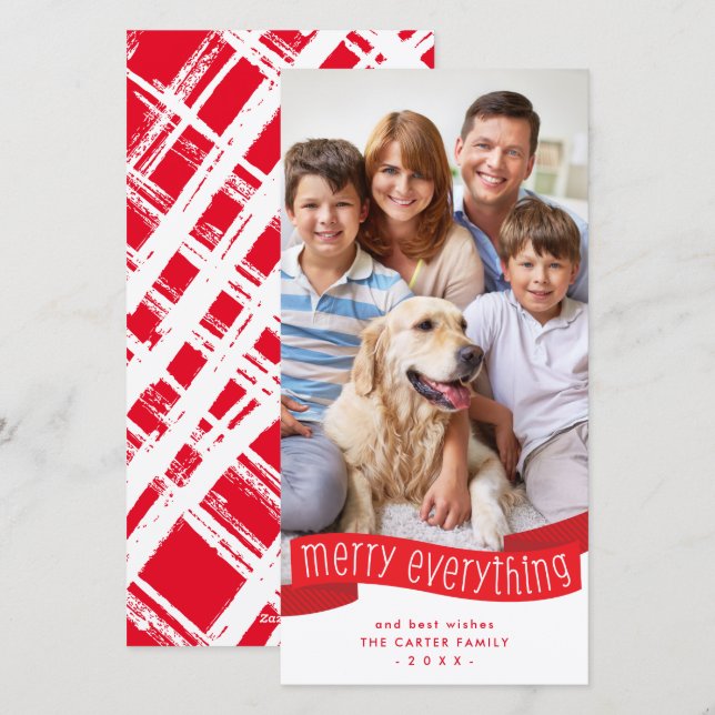 Cartão De Festividades FAMILY PHOTO merry everything ribbon red  (Frente/Verso)