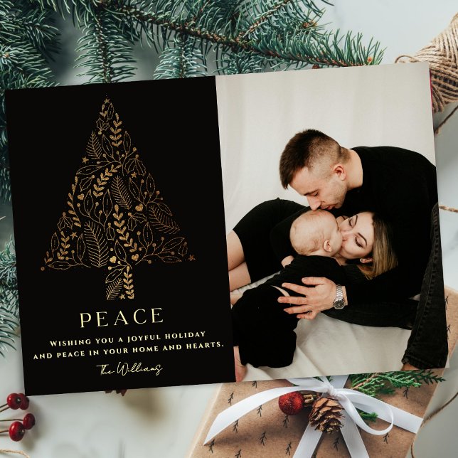 Cartão De Festividades Family Tree Christmas Photo Elegant Gold & Black  (Criador carregado)