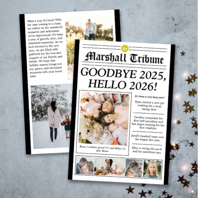 Cartão De Festividades Family Tribune Holiday Photo New Year Card (Modern 7 photo custom newspaper style holiday card with lots of personalized text to make a fun card)
