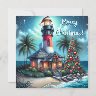 Cartão De Festividades Fantasia Natalina Tropical Farol Azul Teal Vermelh