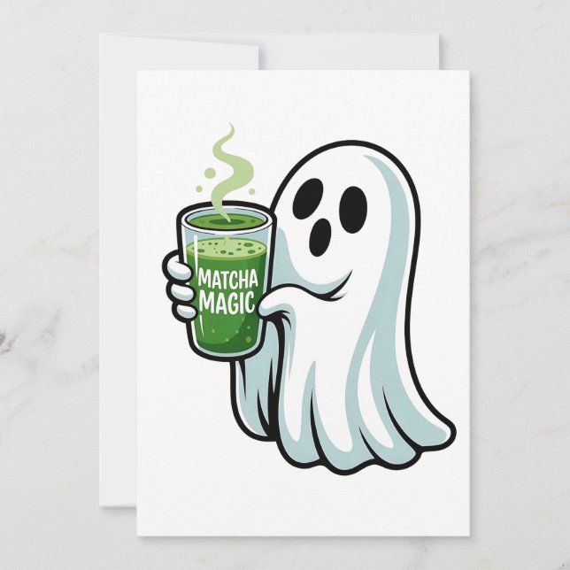 Cartão De Festividades Fantasma Assustador de Halloween Bebendo Matcha (Frente)