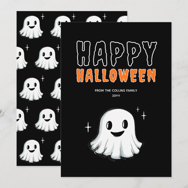 Cartão De Festividades Fantasma Bonito Laranja e Preto Assustador Feliz H (Frente/Verso)
