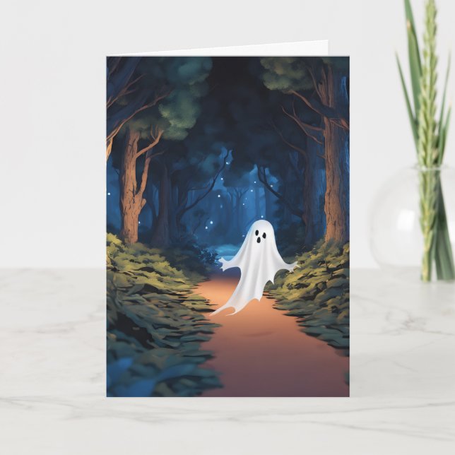 Cartão De Festividades Fantasma Branco do Halloween na Floresta (Frente)
