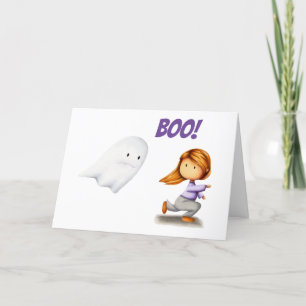 Cartão De Festividades Fantasma Engraçado e Garota Correndo Boo Halloween