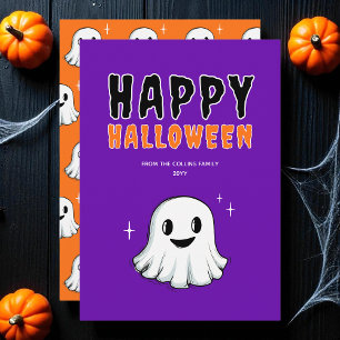 Cartão De Festividades Fantasma-Fantasma-Laranja-Roxo Feliz Halloween