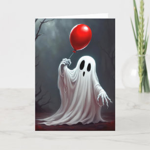 Cartão De Festividades Fantasma Halloween Com Balão Vermelho