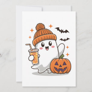 Cartão De Festividades Fantasma, Morcegos, Abóbora e Bebida, Halloween Bo