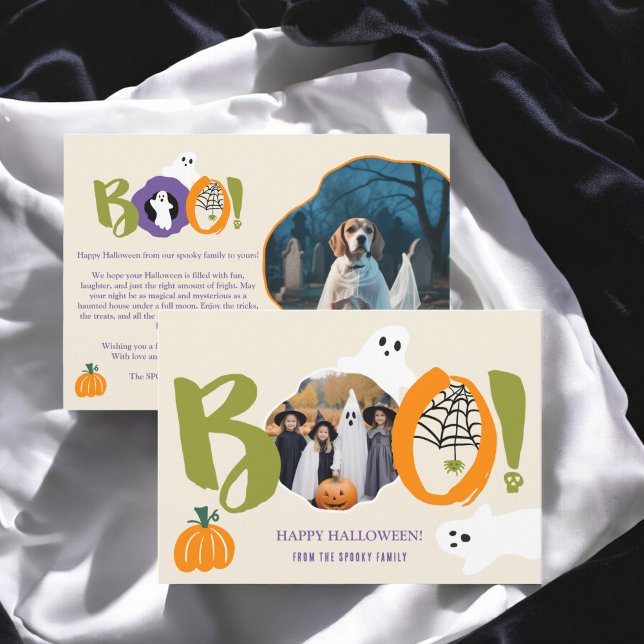 Cartão De Festividades Fantasmas multicíclicos de Boo Modernos 2 fotos no (Cute Modern multi Boo ghosts 2 photos Halloween Holiday Card)