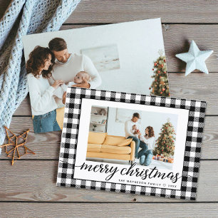 Cartão De Festividades Farmhouse Foto de Natal da Xadrez branca negra mod