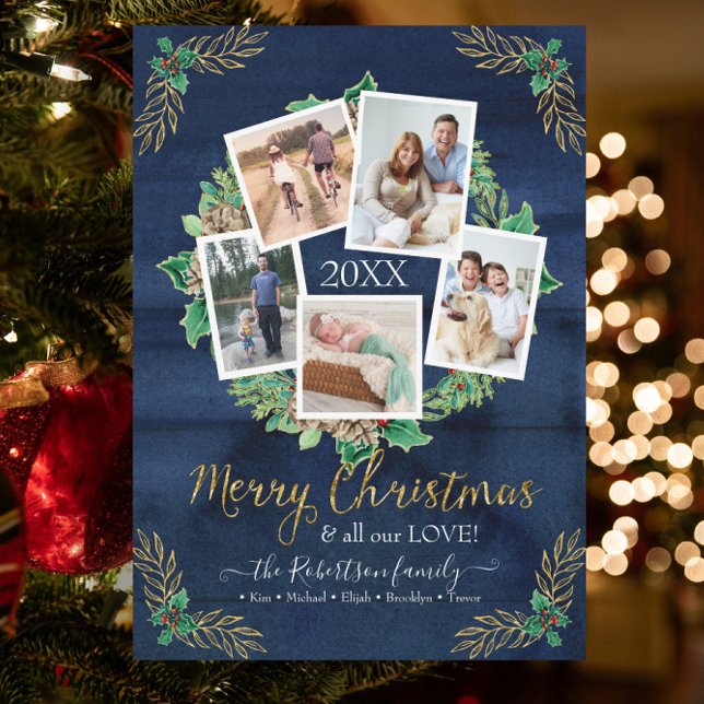 Cartão De Festividades Farmhouse Photo Wreath Natal Marinho Wood (Criador carregado)