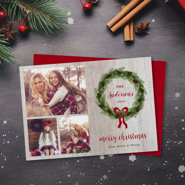 Cartão De Festividades Farmhouse Pine Wreath Feliz Natal 3 Foto (Criador carregado)