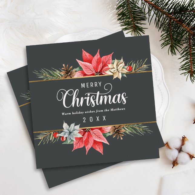Cartão De Festividades Farmhouse Poinsettia Dourada Frame Quadrado Natal (Criador carregado)