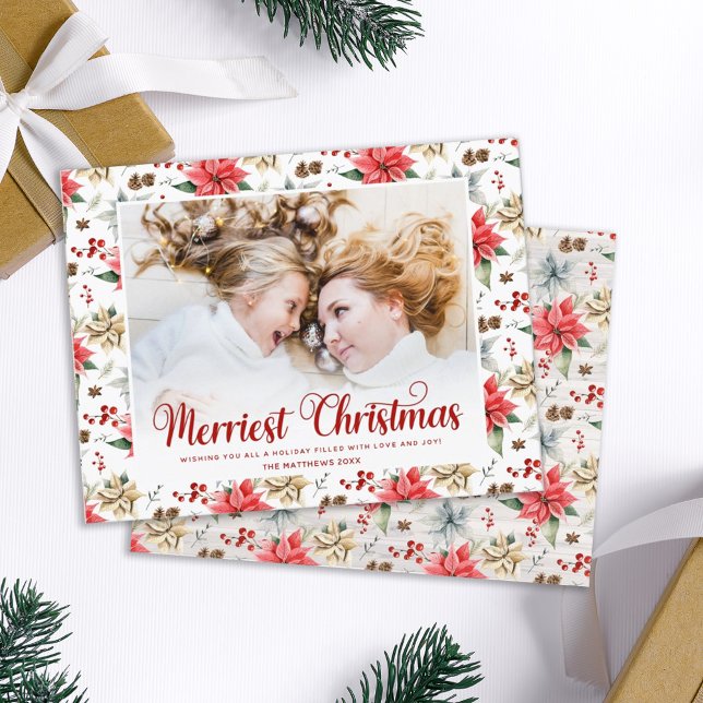 Cartão De Festividades Farmhouse Poinsettia Feliz Natal com Foto (Criador carregado)