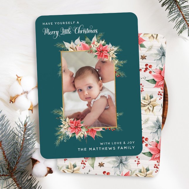 Cartão De Festividades Farmhouse Poinsettia Feliz pequena foto de Natal (Criador carregado)