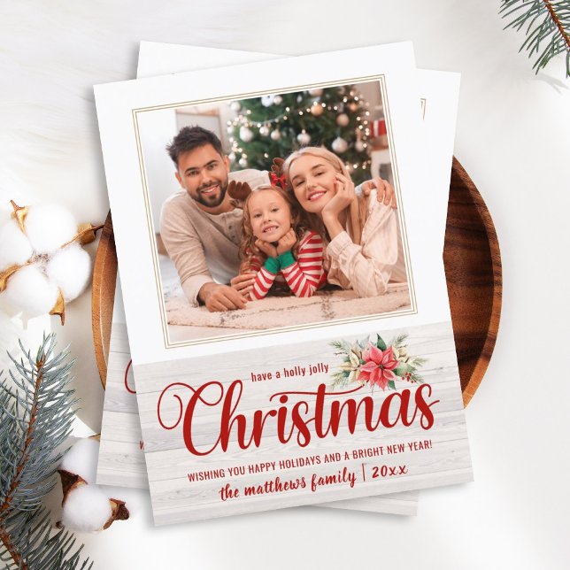 Cartão De Festividades Farmhouse Poinsettia Holly Jolly Natal 1 Foto (Criador carregado)