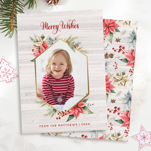 Cartão De Festividades Farmhouse Poinsettia Rustic Hexagon Foto Incrimina (Criador carregado)