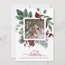 Cartão De Festividades Farmhouse Red Check Photo Christmas Cardinal