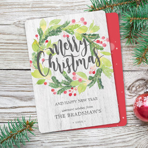 Cartão De Festividades Farmhouse Watercolor Winter Berry Wreath