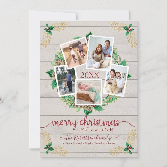 Cartão De Festividades Farmhouse Wreath Christmas Rustic w Family Photos (Frente)