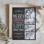 Cartão De Festividades Faux Chalkboard Felry Natal Três Foto<br><div class="desc">Envie seus desejos de feriado para amigos e familiares com este cartão de Natal personalizável. Este cartão de feriado apresenta tipografia escrita à mão. Personalize adicionando seus detalhes. Este cartão fotográfico de Natal está disponível em outras cores e estoque de papelão. Itens correspondentes estão disponíveis.</div>