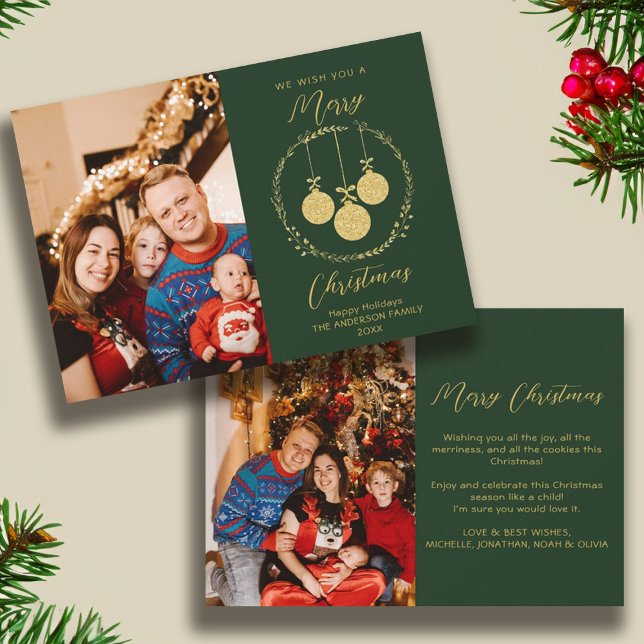 Cartão De Festividades Faux Gold Foil Elegante Foto de Natal Verde (Faux Gold Foil Elegant Christmas Photo Green Holiday Card)
