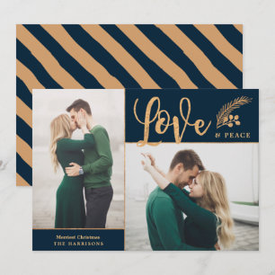 Cartão De Festividades Faux Gold Foil Elegante Love Peace Photo Marinho
