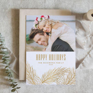 Cartão De Festividades Faux Gold Foil Pine Agulha Férias Felizes