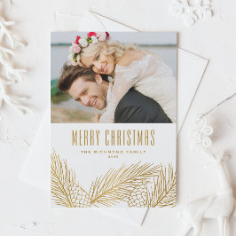 Cartão De Festividades Faux Gold Foil Pine Agulha Foto Feliz Natal