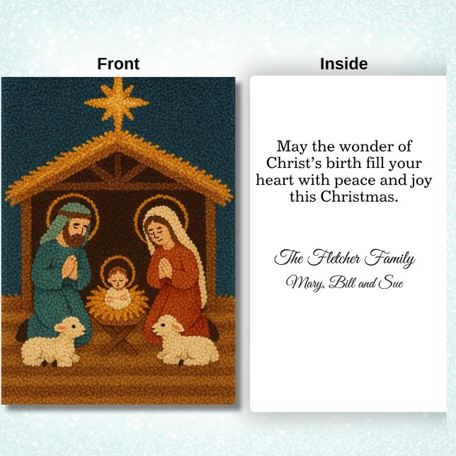 Cartão De Festividades Faux Latch Hook Christmas Nativity Scene (Front and Inside of Teal and Rust Nativity Scene)