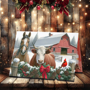 Cartão De Festividades Fazenda de Natal com Cavalo Marrom e Vaca