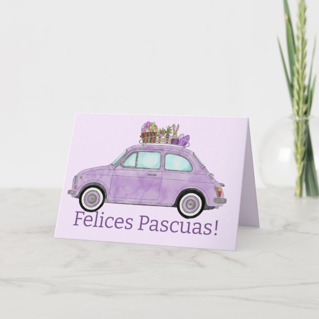 Cartão De Festividades Felices Pascuas - Páscoa espanhola - Retro Fiat 50 (Frente)