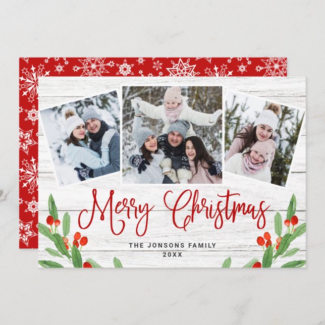 Cartão De Festividades Felicidade natalícia em madeira branca 3 FOTOS (Frente/Verso)
