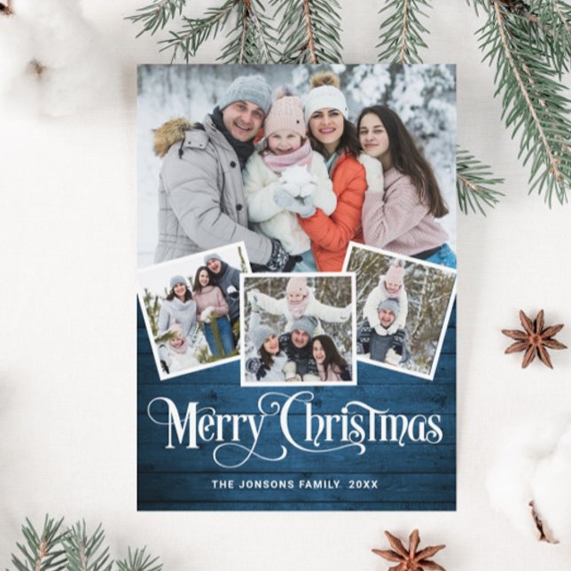 Cartão De Festividades Felicidade natalícia Rústica Madeira Azul 4 FOTO S (Criador carregado)