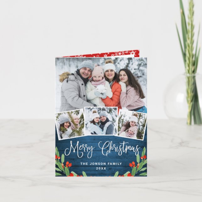 Cartão De Festividades Felicidade natalícia Rústica Madeira Azul 4 FOTO S (Frente)