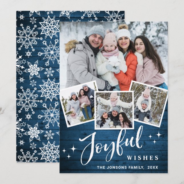 Cartão De Festividades Felicidade natalícia Rústica Madeira Azul 4 FOTO S (Frente/Verso)