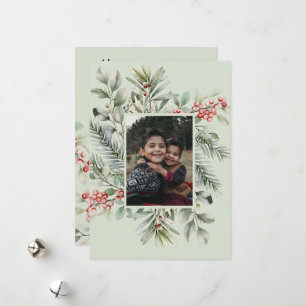 Cartão De Festividades Felicidades Foto Férias Pinheiro Azevinho Aquarela
