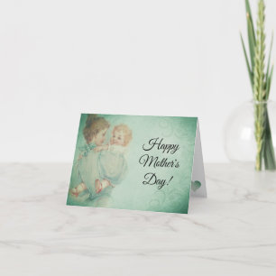 Cartão De Festividades Feliciz Dia das Mães Jovem Mãe Vintage Verde Mint