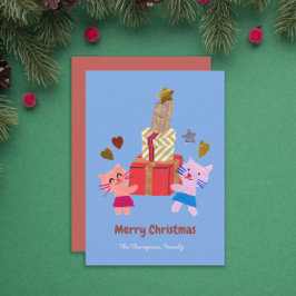 Cartão De Festividades Felinos bonitos com presentes azuis