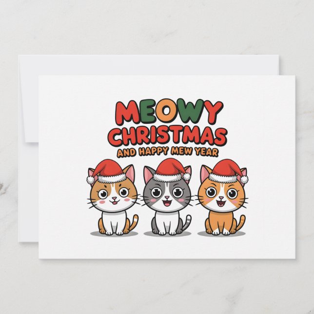 Cartão De Festividades Felinos bonitos miam vestindo chapéu de natal (Frente)
