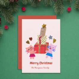 Cartão De Festividades Felinos com caixas de presentes, cor-de-rosa-bebê