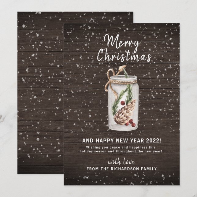 Cartão De Festividades Feliz С Natal Mason Jar Wooden Holiday Card (Frente/Verso)
