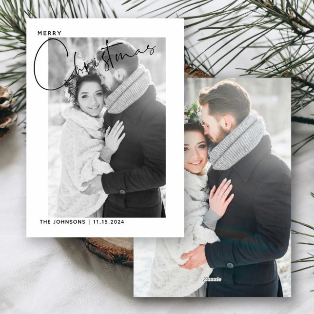 Cartão De Festividades Feliz 1ª Mão de Natal com 2 Fotografias (Easily personalize this 2 photo holiday wedding card with your photos and deets)